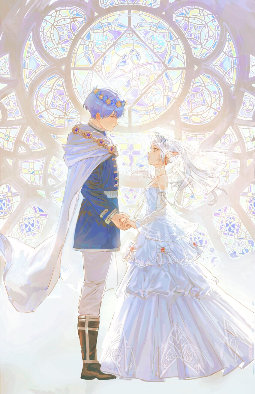 1boy 1girl absurdres black_footwear blue_eyes blue_hair boots bridal_veil cape cavehuuu church commentary_request dress earrings elf floating_earring frieren frilled_dress frills green_eyes head_wreath height_difference highres himmel_(sousou_no_frieren) holding_hands indoors jewelry knee_boots long_hair long_sleeves pants parted_bangs pointy_ears ponytail profile see-through_clothes see-through_sleeves sidelocks smile sousou_no_frieren stained_glass thick_eyebrows veil wedding wedding_dress white_cape white_dress white_hair white_pants wide_sleeves