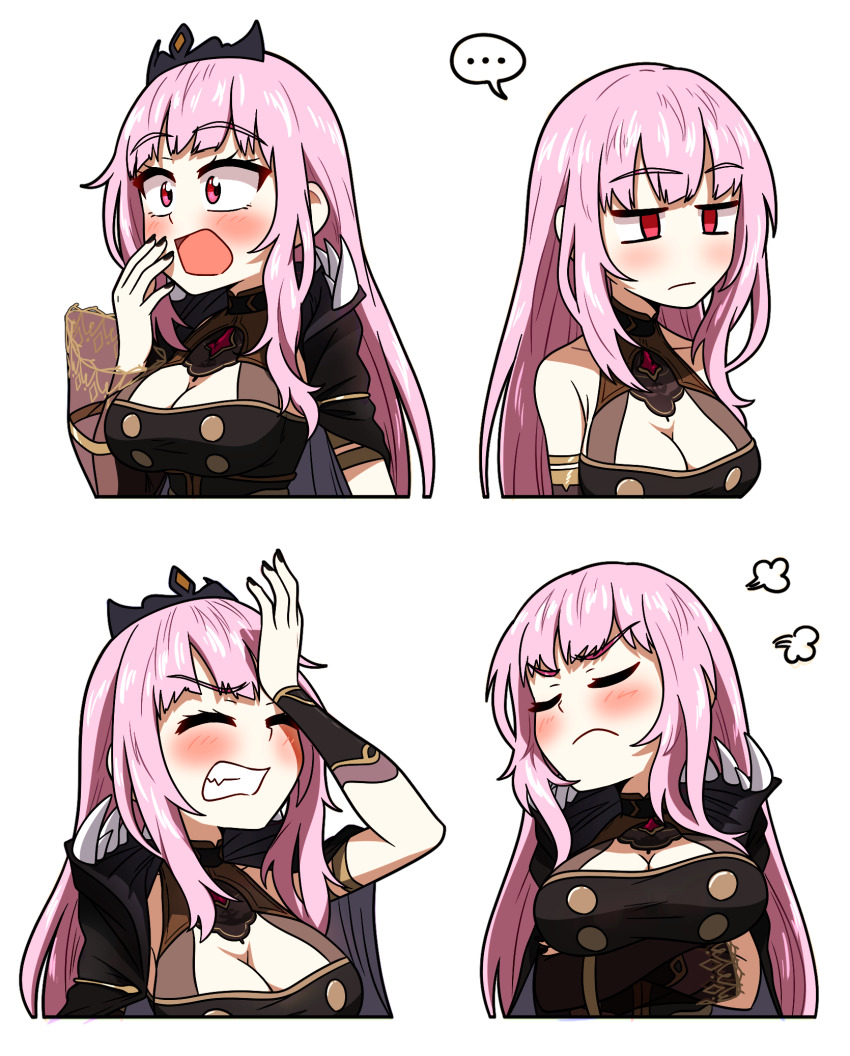 ... 1girl armlet arms_under_breasts black_cape black_dress black_nails black_sleeves black_tiara blunt_bangs blush cape closed_eyes crossed_arms ddolbang detached_sleeves dress multiple_expressions facepalm highres hololive hololive_english jewelry long_hair looking_at_viewer mori_calliope mori_calliope_(1st_costume) nail_polish open_mouth pink_hair red_eyes see-through_clothes see-through_sleeves sidelocks single_sleeve sleeveless sleeveless_dress solo spiked_cape tiara virtual_youtuber white_background