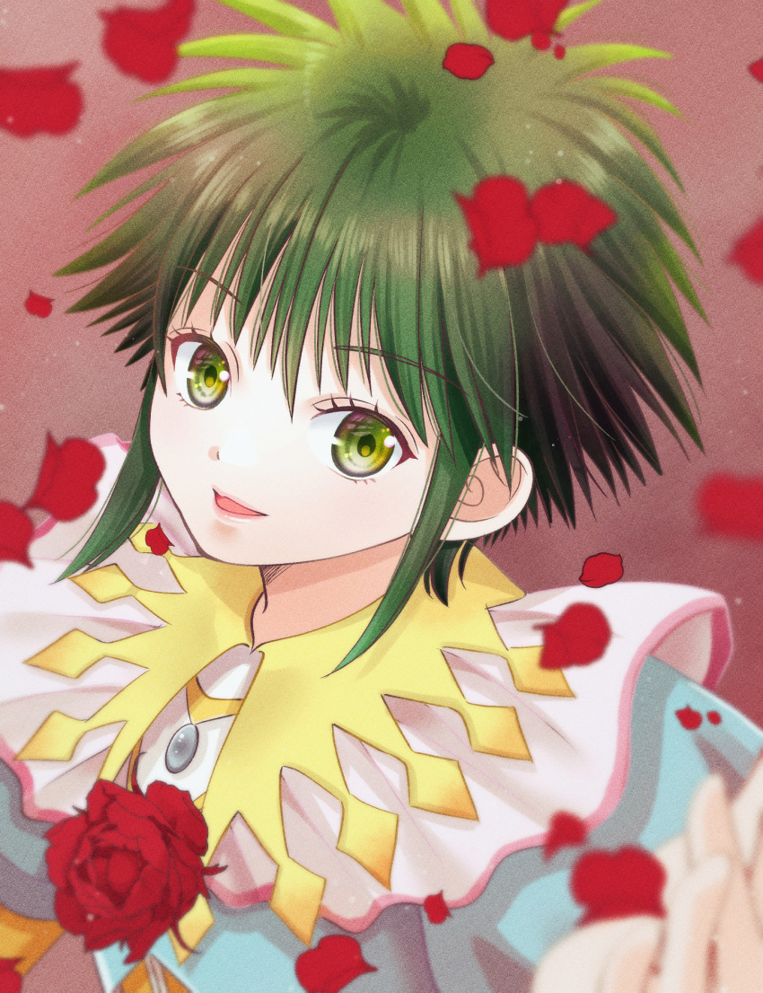 1girl asellus_(saga_frontier) commentary_request flower green_eyes green_hair highres looking_at_viewer nagasawa_rin petals red_flower red_rose rose saga saga_frontier short_hair smile solo upper_body