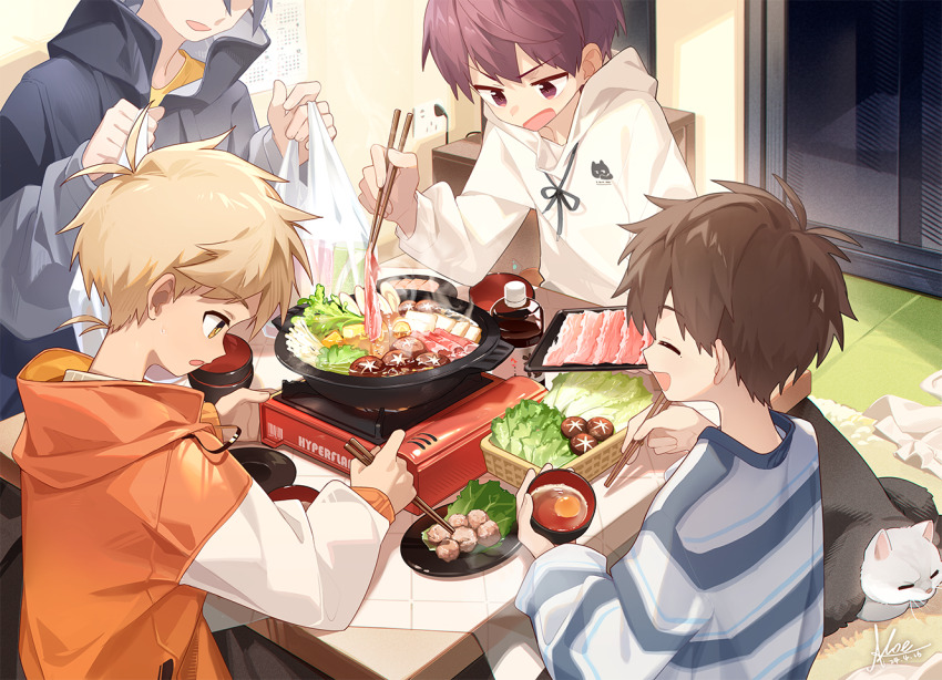 4boys blonde_hair brown_hair cat child chopsticks food hood hoodie indoors koe_(mixpi) kotatsu male_focus multiple_boys orange_hoodie original purple_eyes purple_hair short_hair sitting smile striped_clothes striped_sweater sukiyaki sweater table vegetable very_short_hair white_hoodie