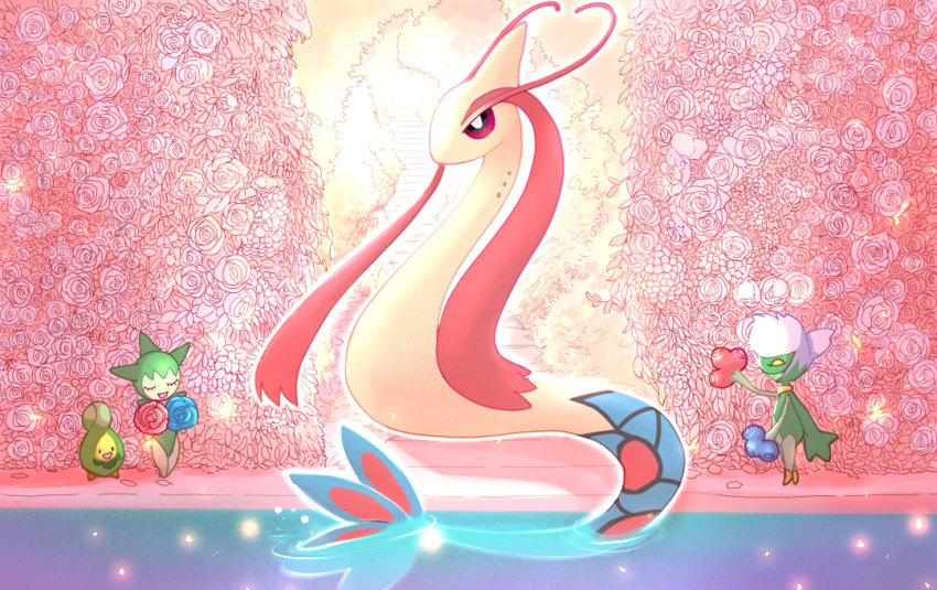 bright_pupils budew commentary_request flower fyuusan-1986 gen_3_pokemon gen_4_pokemon gills milotic nintendo no_humans pink_flower pink_rose pokemon pokemon_(creature) pond red_eyes ripples rose rose_bush roselia_(pokemon) roserade shore stairs white_pupils