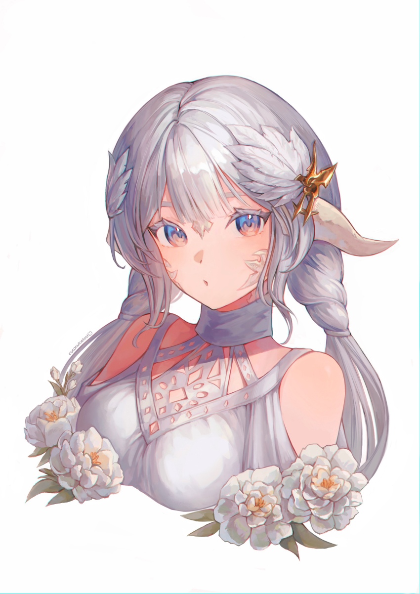1girl absurdres au_ra bare_shoulders blue_eyes braid breasts clothing_cutout coconutcatcat cropped_shoulders dragon_girl dragon_horns dress feather_hair_ornament feathers final_fantasy final_fantasy_xiv grey_hair hair_ornament highres horns looking_at_viewer multicolored_eyes orange_eyes portrait shoulder_cutout solo twin_braids two-tone_eyes warrior_of_light_(ff14) white_background white_dress