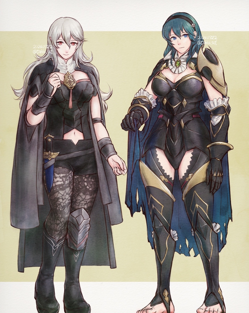 2girls alternate_costume armor armored_gloves barefoot black_cape black_gloves black_hairband black_pantyhose black_sleeves blue_eyes blue_hair breasts cape cleavage closed_mouth clothing_cutout commentary_request cosplay costume_switch detached_sleeves female_byleth_(fire_emblem) female_byleth_(fire_emblem)_(cosplay) female_corrin_(fire_emblem) female_corrin_(fire_emblem)_(cosplay) female_corrin_(nohr_noble)_(fire_emblem) fire_emblem fire_emblem:_three_houses fire_emblem_fates full_body gloves hairband highres large_breasts long_hair multiple_girls navel_cutout nintendo pantyhose pointy_ears red_eyes shoulder_armor smile standing toes tohka_sd