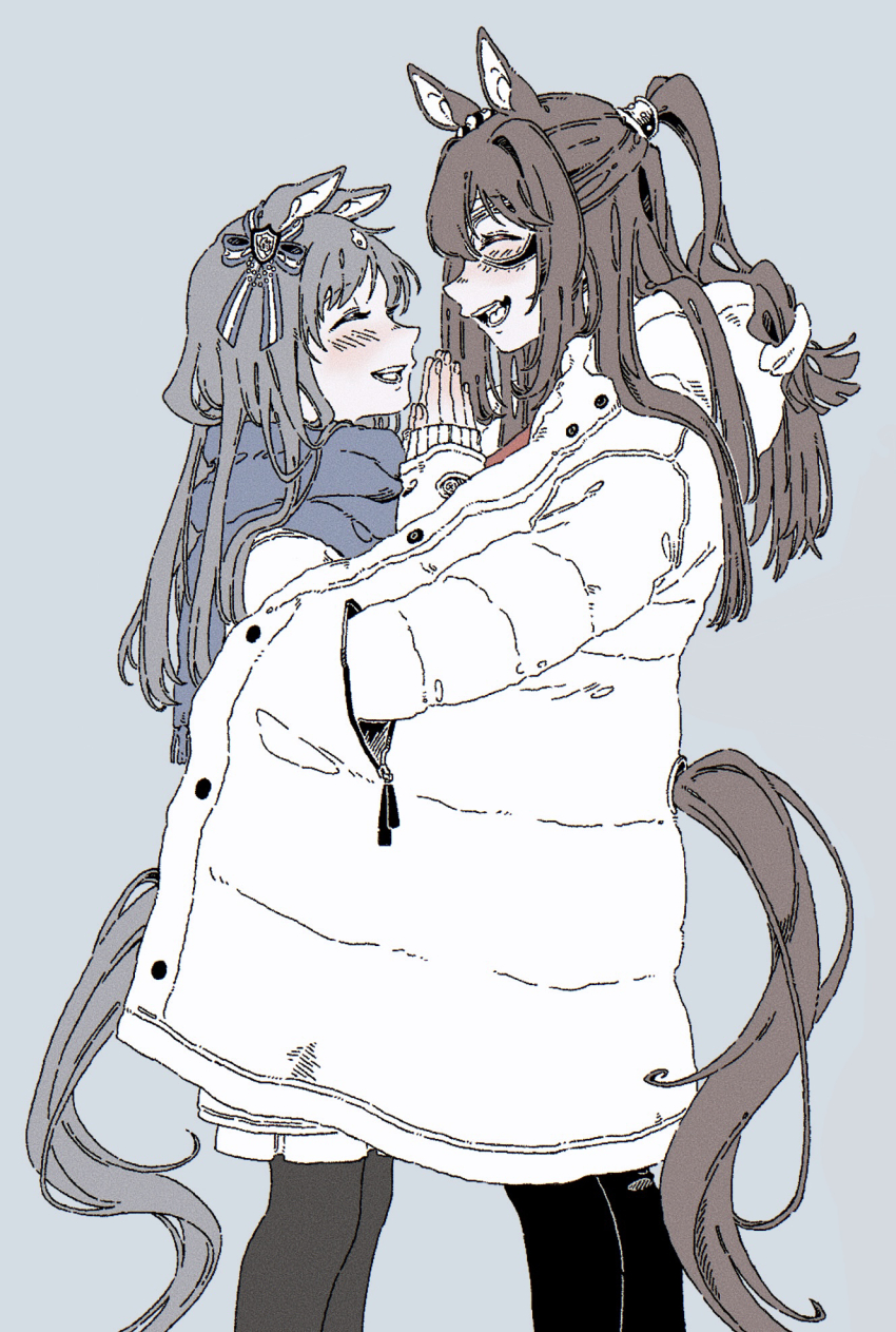 2girls animal_ears blush brown_hair closed_eyes clothing_cutout coat domino_mask el_condor_pasa_(umamusume) fang feet_out_of_frame grass_wonder_(umamusume) hands_in_pockets high_ponytail highres horse_ears horse_girl horse_tail hug long_hair long_sleeves mask multiple_girls oo_sungnim open_mouth own_hands_together partially_colored ponytail scarf shared_clothes shared_coat sideways_mouth skin_fang smile standing tail tail_through_clothes umamusume winter_clothes winter_coat yuri