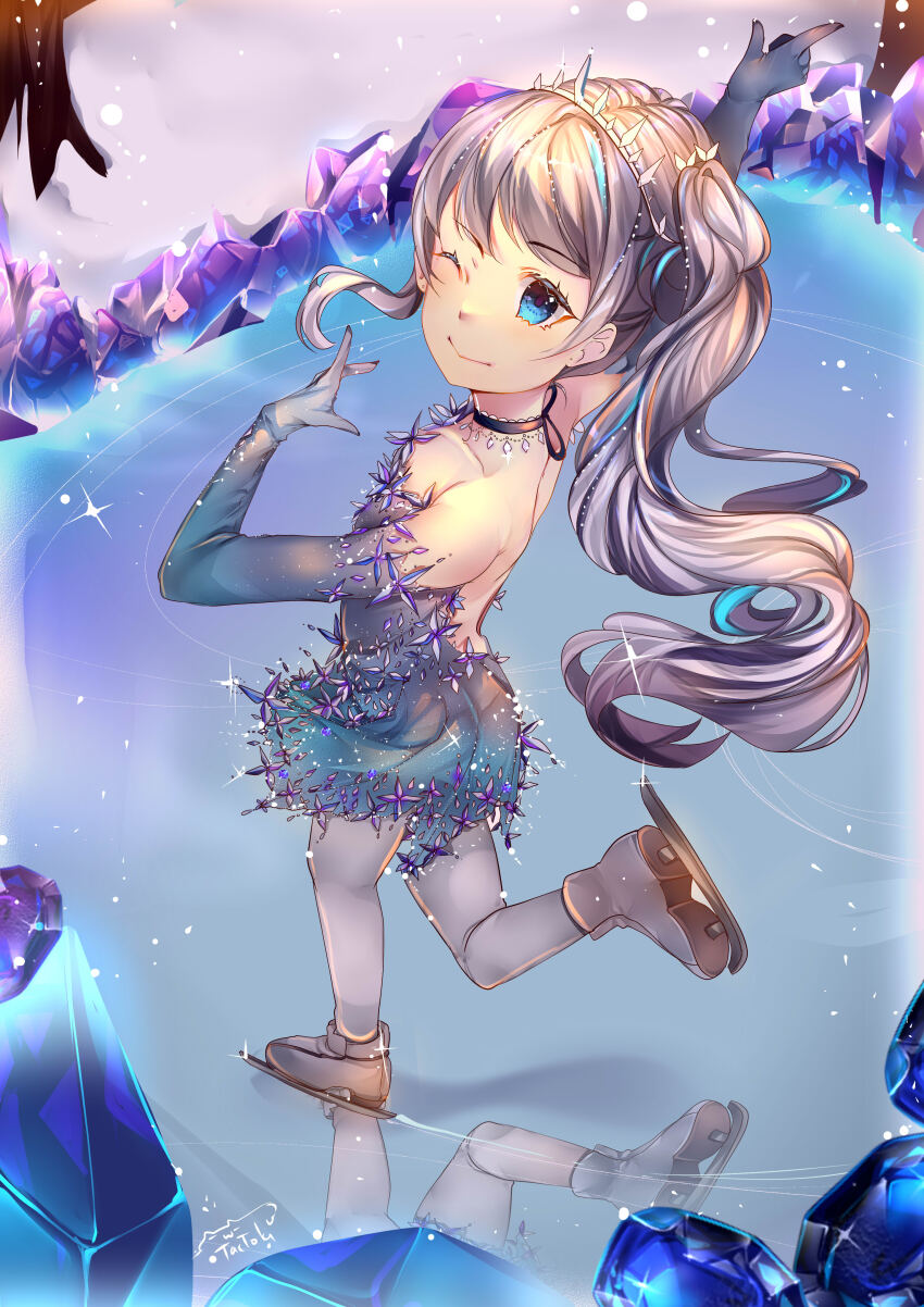 1girl absurdres blue_dress brown_hair dress figure_skating highres pantyhose twintails white_pantyhose