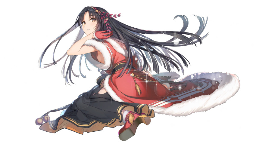 1girl ainu_clothes aquaplus arm_up back bell black_hair black_ribbon black_sash blush boots breasts brown_eyes christmas christmas_ornaments cleavage coat dress from_behind from_side full_body gloves gradient_eyes gradient_hair hair_ornament hairband high_heels highres kashiwagi_chizuru kizuato light_particles long_hair looking_at_viewer multicolored_eyes multicolored_hair no_bra nose off_shoulder official_art parted_bangs parted_lips pointy_ears raised_eyebrows ribbon santa_boots santa_costume santa_dress santa_gloves sash short_sleeves sideboob sidelocks sitting small_breasts smug snow snowing solo tatami_to_hinoki thighs toned toned_female transparent_background utawarerumono utawarerumono:_lost_flag very_long_hair white_hairband wide_sleeves