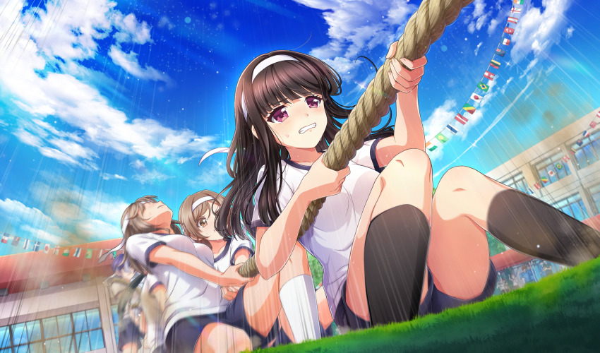 black_hair black_socks blue_shorts blurry cinderella_series clenched_teeth cloud depth_of_field dutch_angle emphasis_lines flags_of_all_nations from_below game_cg gym_shirt gym_shorts gym_uniform hachigatsu_no_cinderella_nine hachimaki headband highres kneehighs light_particles long_hair nagai_kanako non-web_source official_art on_grass outdoors purple_eyes ribbon school_uniform shirt short_sleeves shorts single_sidelock sky socks solo_focus sparkle sports_festival string_of_flags sweat teeth tug_of_war white_ribbon white_shirt white_socks