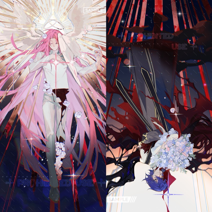 2boys absurdres black_coat black_eyes blood blood_on_clothes blue_hair bouquet chinese_commentary closed_eyes closed_mouth coat commentary_request curtained_hair flower full_body gold_trim hand_on_own_chest hatsutori_hajime head_wings highres holding holding_bouquet long_hair long_sleeves male_focus multiple_boys multiple_wings pants parted_bangs pink_hair saibou_shinkyoku sample_watermark shirt short_hair smile stole utsugi_noriyuki very_long_hair watermark white_pants white_shirt white_wings wings youshi1201