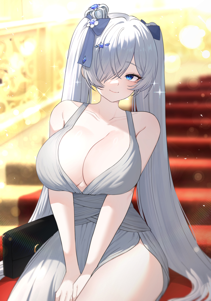 1girl bare_arms bare_shoulders blue_eyes blurry blurry_background breasts cinderella_(nikke) cleavage closed_mouth collarbone dress goddess_of_victory:_nikke grey_dress grey_hair hair_ornament hair_over_one_eye highres hyeroin large_breasts long_hair looking_at_viewer one_eye_covered plunging_neckline revision smile solo sparkle v_arms very_long_hair