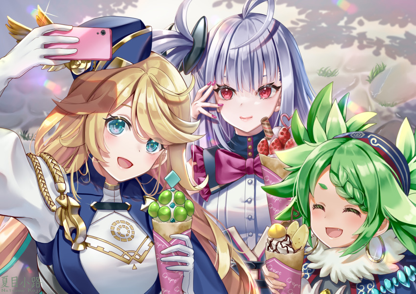 3girls ahoge aqua_eyes artist_name blonde_hair bow bowtie braid braided_bangs capelet cellphone churin_(duel_masters) closed_eyes crepe duel_masters duel_masters_play&#039;s elena_(duel_masters) food fur-trimmed_capelet fur-trimmed_shirt fur_trim gloves green_hair grey_hair hat holding holding_crepe holding_food holding_phone long_hair luca_(duel_masters) multiple_girls natsume_koji one_side_up open_mouth outdoors phone red_eyes red_nails selfie shirt sidelocks smartphone smile upper_body white_gloves white_shirt