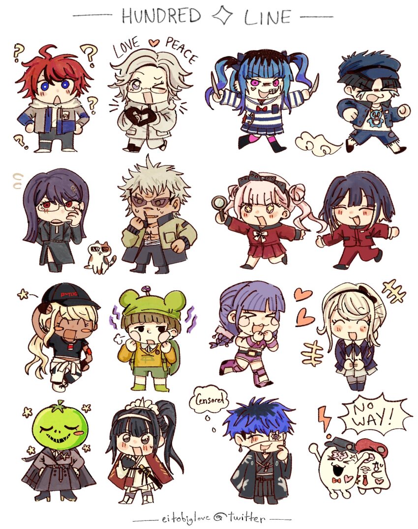 ! &gt;_&lt; &gt;_o +_+ 6+boys 6+girls :d ? ^_^ ahoge amemiya_darumi aotsuki_eito black_bow black_bowtie black_gloves black_hair black_hairband black_hat black_pants black_sailor_collar black_shirt black_streaks blonde_hair blue_eyes blue_hair blue_hat blue_jacket blunt_bangs blush blush_stickers bow bow_hairband bowtie braid brain brother_and_sister brown_hair calico_cat cape catchphrase chibi chibi_only closed_eyes copyright_name crying double_bun dual_wielding dust_cloud ear_piercing eitobiglove english_text everyone eye_print eyepatch fleeing gakuran ginzaki_shouma glasses gloves green_bag green_hat green_jacket green_shorts grey_hair grey_jacket hair_bow hair_bun hairband hands_on_own_hips haori hashtag-only_commentary hat heart heart_hands highres holding holding_knife holding_magnifying_glass hood hoodie jacket japanese_clothes kawana_tsubasa kimono kirifuji_nozomi knife long_hair looking_at_viewer magadori_kyoshika magnifying_glass maruko_gaku masked mojiro_moko multicolored_hair multicolored_jacket multiple_boys multiple_girls necktie nigou_(hundred_line) no_shirt omokage_yugamu one_eye_closed oosuzuki_kurara open_clothes open_jacket open_mouth pants piercing pink_eyes pink_hair ponytail print_eyepatch print_shirt puff_of_air purple_eyes purple_hair red_bow red_bowtie red_cape red_eyes red_hair red_hat red_necktie red_serafuku red_skirt sailor_collar scabbard school_uniform serafuku sheath sheathed shirt shizuhara_hiruko short_hair shorts siblings simple_background sirei_(hundred_line) skirt smell smile speech_bubble star_(symbol) streaked_hair sumino_takumi sunglasses sweat sweatdrop sword the_hundred_line_-last_defense_academy- thought_bubble tomato tsukumo_ima tsukumo_kako twins twintails twitter_username two-tone_jacket weapon white_background white_bow white_bowtie white_hoodie white_jacket white_pants white_shirt white_streaks yakushiji_takemaru yellow_shirt