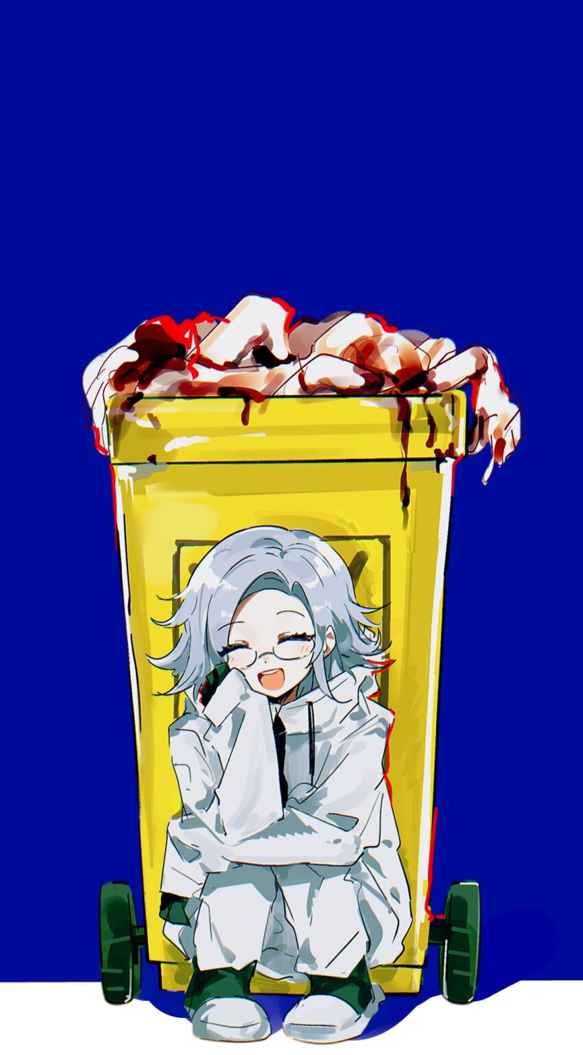 1boy ^_^ ac_warlock aotsuki_eito arm_on_knee black_background black_gloves blood blood_on_arm closed_eyes elbow_on_arm facing_viewer glasses gloves grey_hair head_rest highres jacket limbs male_focus severed_limb short_hair simple_background smile solo spoilers squatting teeth the_hundred_line_-last_defense_academy- trash_can upper_teeth_only white_jacket