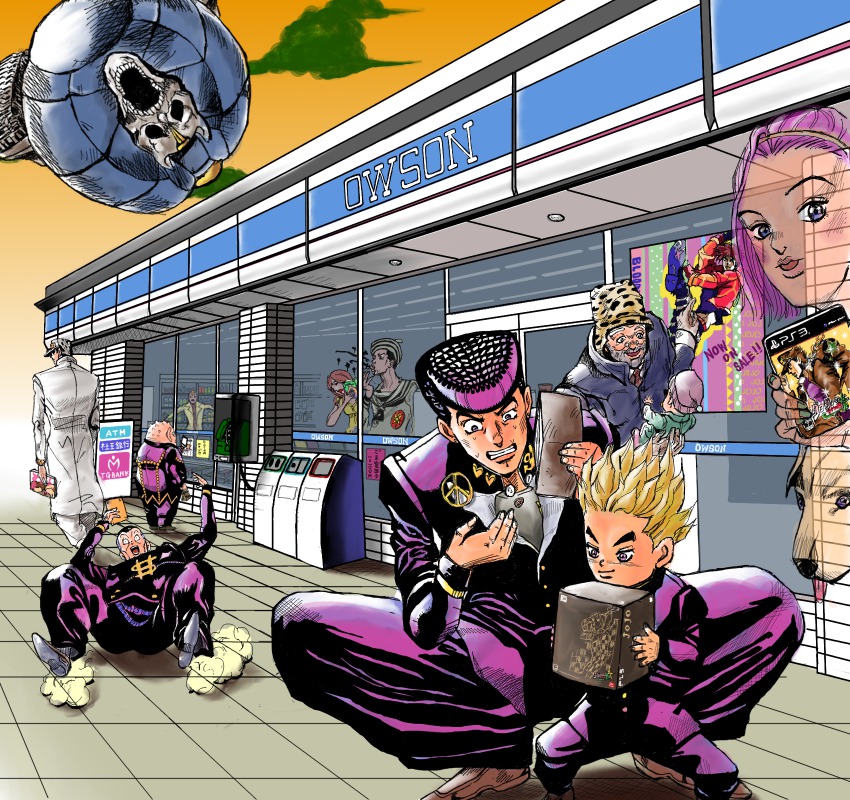 3girls 6+boys arnold_(jojo) fourth_wall gakuran ghost higashikata_josuke higashikata_josuke_(jojolion) highres hirose_koichi hirose_yasuho jojo_no_kimyou_na_bouken jojolion joseph_joestar joseph_joestar_(old) kishibe_rohan kuujou_joutarou multiple_boys multiple_girls nijimura_okuyasu pompadour poster_(medium) poster_(object) school_uniform seris-valentine sheer_heart_attack shizuka_joestar stand_(jojo) sugimoto_reimi wallet yangu_shigekiyo