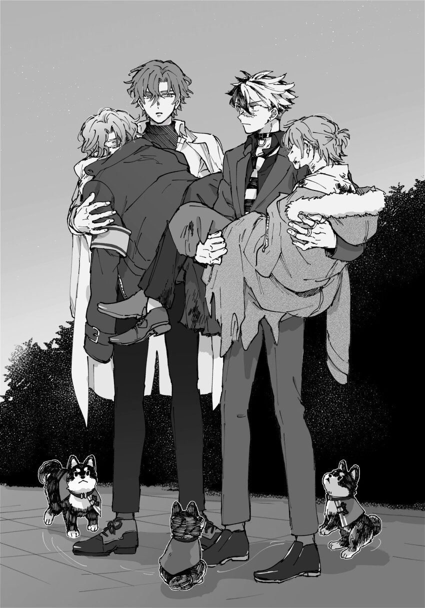 4boys ahogemarico armband black_choker blood blood_on_clothes blood_on_face bradley_bain bush carrying choker coat coat_on_shoulders dog expressionless faust_lavinia figaro_garcia full_body fur-trimmed_jacket fur_trim greyscale half_updo highres jacket jewelry lab_coat looking_at_another mahoutsukai_no_yakusoku monochrome multiple_boys multiple_dogs multiple_rings necktie nero_turner night princess_carry ring scar scar_on_face torn_clothes
