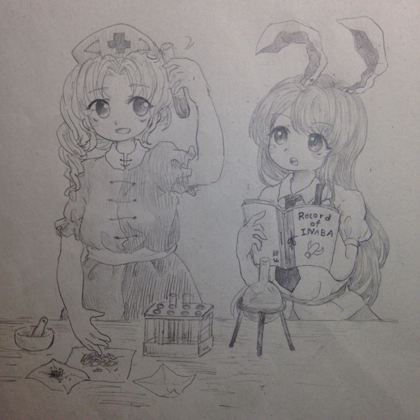 2girls absurdres animal_ears bad_id bad_pixiv_id book braid busujima_tetoro chemistry chemistry_set english_text graphite_(medium) hat highres long_hair monochrome multiple_girls necktie nurse_cap rabbit_ears reisen_udongein_inaba shirt short_sleeves test_tube touhou traditional_media yagokoro_eirin zun_(style)