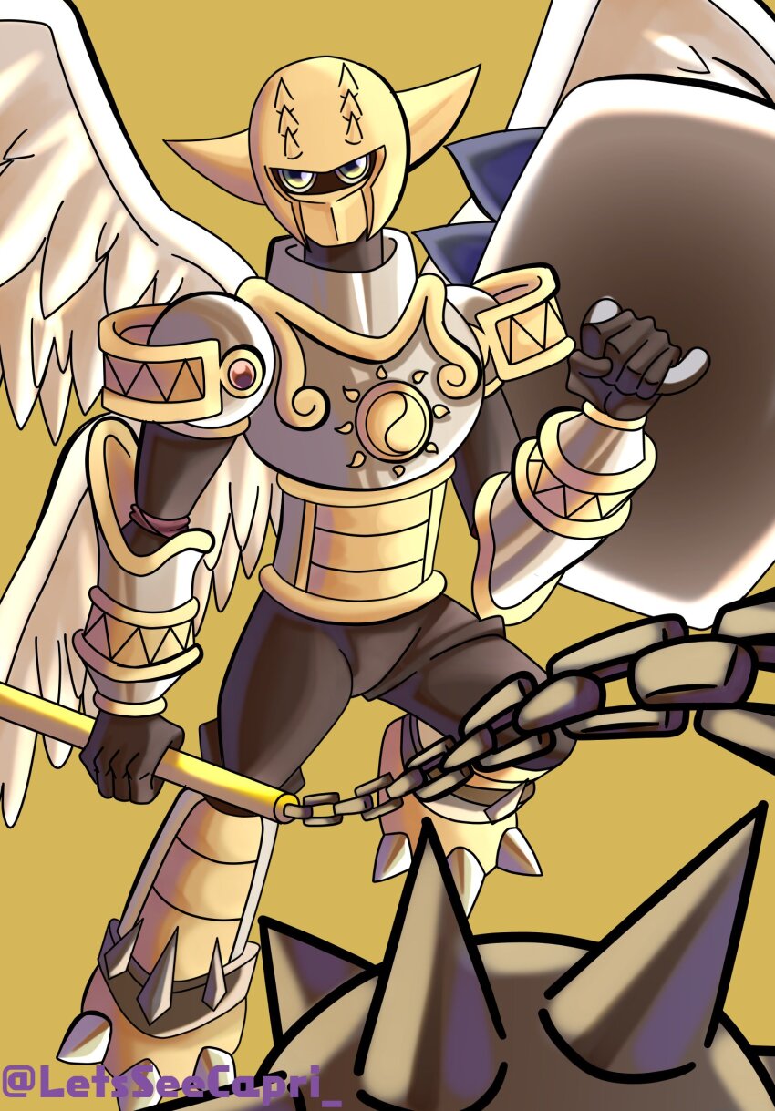 angemon ankylomon blue_eyes digimon digimon_(creature) fusion highres oridigi shakkoumon solo spikes