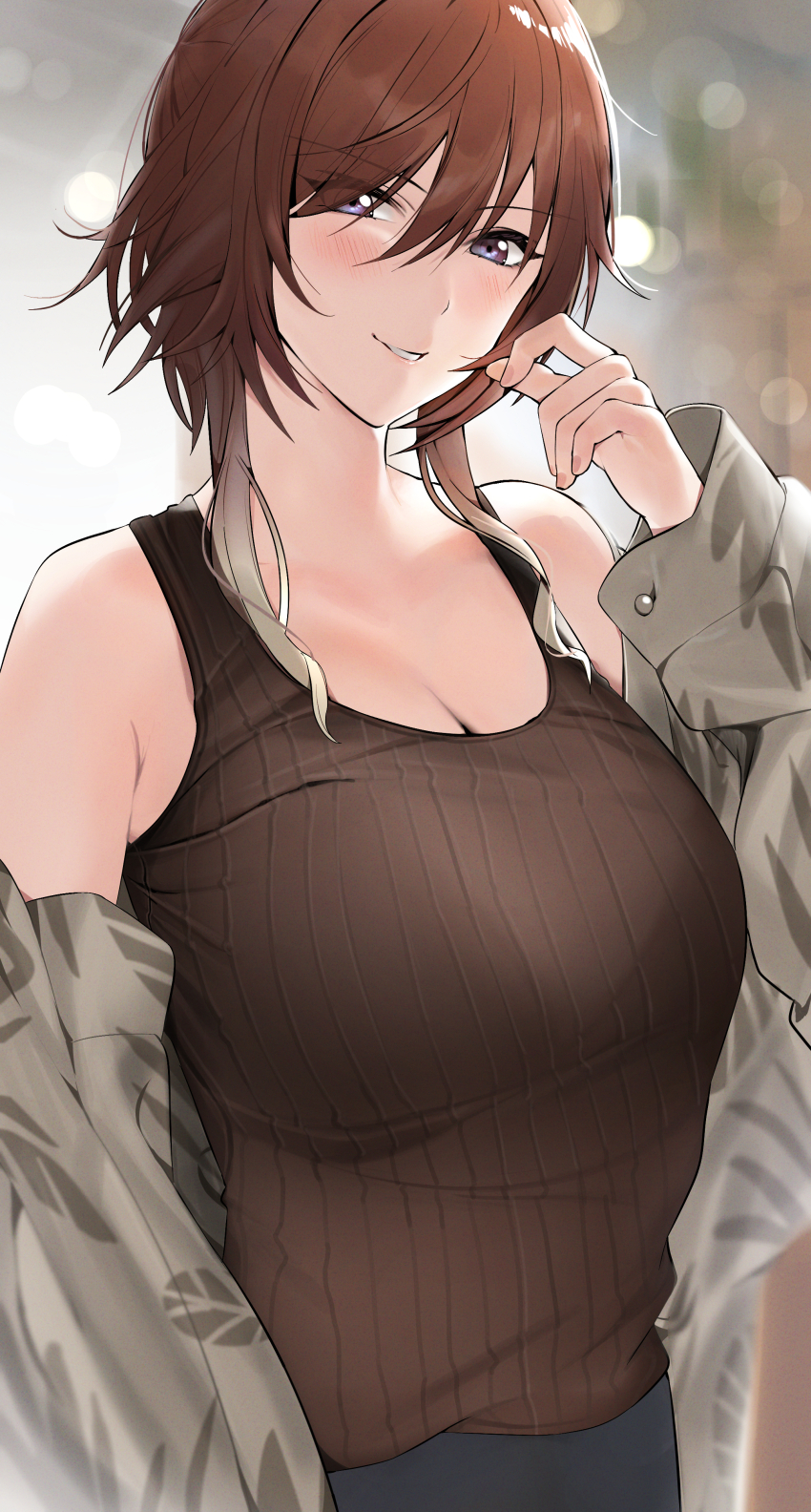 1girl absurdres aketa_mikoto bare_shoulders blonde_hair blurry blurry_background blush breasts brown_hair brown_shirt cleavage collarbone depth_of_field gradient_hair grey_jacket hand_up highres idolmaster idolmaster_shiny_colors jacket large_breasts leaf_print lens_flare heavy_lens_flare long_sleeves looking_at_viewer multicolored_hair off_shoulder open_clothes open_jacket parted_lips pol_winner print_jacket purple_eyes shirt sleeveless sleeveless_shirt smile solo upper_body