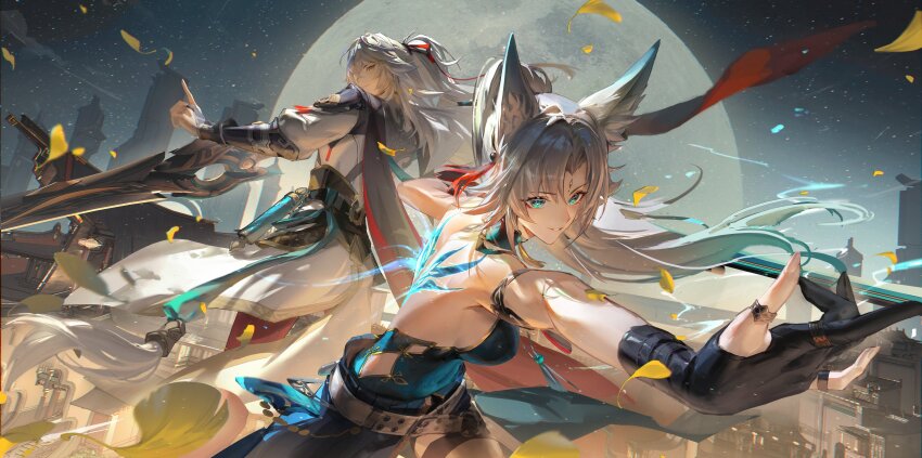 1boy 1girl absurdres animal_ears aqua_eyes armor back_tattoo backless_shirt belt black_gloves blue_shirt breasts clothing_cutout coat commentary covered_navel cowboy_shot earrings eyeliner falling_leaves feixiao_(honkai:_star_rail) fighting_stance forehead_jewel fox_ears fox_girl full_moon gloves glowing glowing_tattoo gold_trim gradient_hair green_hair grey_hair hair_intakes hair_ribbon highres holding holding_sword holding_weapon honkai:_star_rail honkai_(series) jewelry jing_yuan leaf long_hair looking_at_viewer looking_back makeup medium_breasts mole mole_under_eye moon multicolored_hair o-ring o-ring_belt outdoors outstretched_arm pants parted_lips partially_fingerless_gloves ponytail red_eyeliner red_pants red_ribbon ribbon ring shirt side_cutout smile space standing sword tassel tassel_earrings tattoo thigh_strap thumb_ring two-tone_hair weapon white_belt white_coat wind yellow_eyes yunmaojan