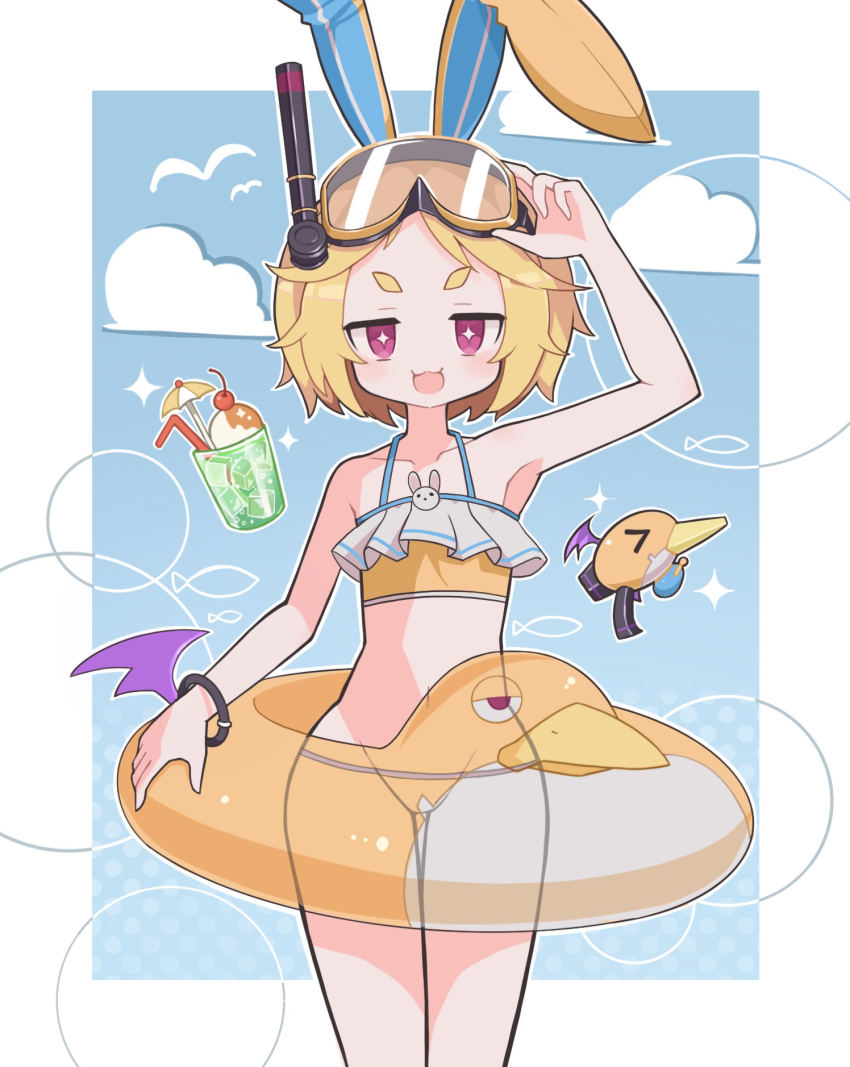 1girl :3 animal_ears arm_up armpits bare_shoulders bat_wings bikini blonde_hair blue_background blue_sky border bottomless bracelet cloud covered_groin cup disgaea flat_chest food frilled_bikini frills goggles goggles_on_head gun highres holding holding_floatie holding_goggles ice_cream ice_cream_float jewelry jitome light_blush looking_at_viewer makai_senki_disgaea_5 navel open_mouth petite pink_eyes prinny rabbit_ears rabbit_ornament short_eyebrows sky snorkel solo star-shaped_pupils star_(symbol) straight-on suaman swimsuit symbol-shaped_pupils thick_eyebrows thighs unworn_bikini_bottom usalia_(beach)_(disgaea) usalia_(disgaea) weapon wings