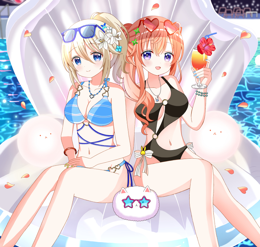 2girls :d absurdres angora_rabbit animal aoyama_blue_mountain bikini black_one-piece_swimsuit blue-framed_eyewear blue_bikini blue_eyes blue_flower blue_nails blurry blurry_background breasts brown_hair cleavage closed_mouth commentary_request commission crazy_straw cup depth_of_field drinking_glass drinking_straw eyewear_on_head feet_out_of_frame flower gochuumon_wa_usagi_desu_ka? green_flower green_nails hair_between_eyes hair_flower hair_ornament hair_over_shoulder heart heart-shaped_eyewear highres holding holding_cup hoto_mocha long_hair medium_breasts multiple_girls nail_polish navel o-ring o-ring_swimsuit one-piece_swimsuit open_mouth orange_hair own_hands_together petals pink-tinted_eyewear pixiv_commission ponytail purple_eyes rabbit red-framed_eyewear red_flower ryoutan sitting smile star-shaped_eyewear star_(symbol) sunglasses swimsuit tinted_eyewear tippy_(gochiusa) water white_flower