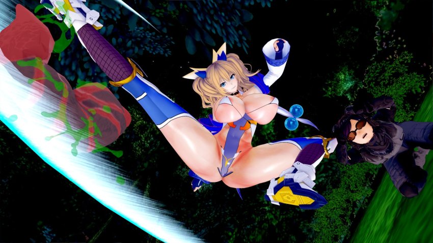 1girl 1other 3d artist_request ass bare_shoulders blonde_hair boots fingerless_gloves gloves grass highleg highleg_leotard highres jump kicking leg_up legs_apart leotard long_hair looking_at_another looking_to_the_side onizaki_kirara revealing_clothes shiny_skin taimanin_(series) taimanin_rpgx thong_leotard twintails