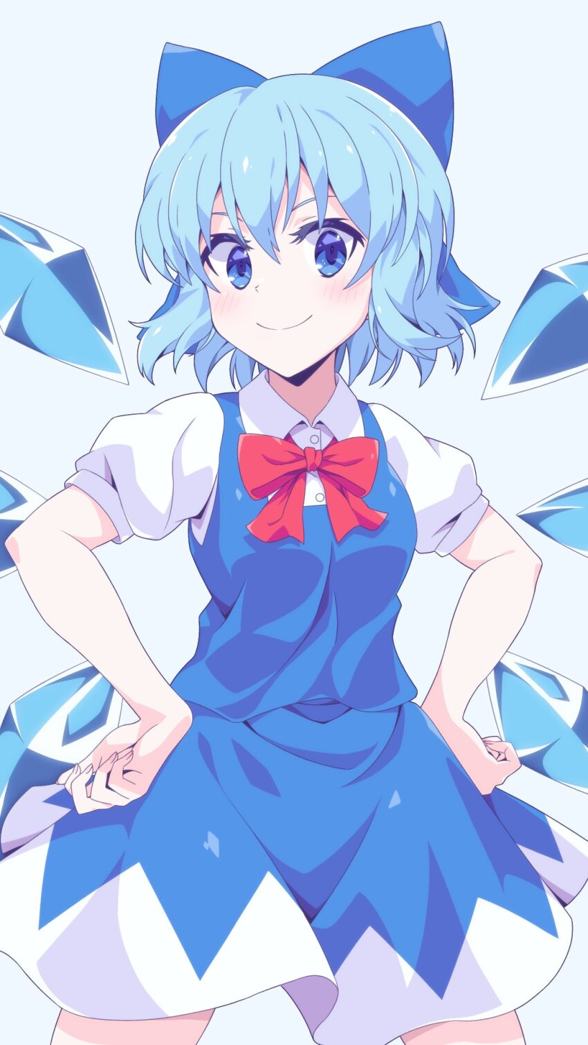 1girl blue_background blue_bow blue_eyes blue_hair blue_skirt blue_vest bow bowtie cirno closed_mouth collared_shirt detached_wings hair_bow hands_on_own_hips highres ice ice_wings looking_at_viewer namagaki-san red_bow red_bowtie shirt short_hair short_sleeves skirt smile solo touhou vest white_shirt wings