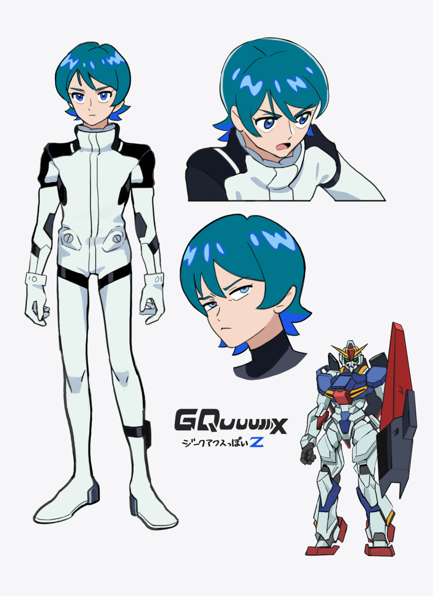 1boy androgynous blue_eyes blue_hair closed_mouth commentary_request copyright_name green_eyes gundam gundam_gquuuuuux highres horocca jumpsuit kamille_bidan mecha mobile_suit multicolored_hair multiple_views open_mouth robot rx-78-2_gundam science_fiction shield short_hair simple_background solo streaked_hair v-fin white_background white_jumpsuit zeta_gundam zeta_gundam_(mobile_suit)