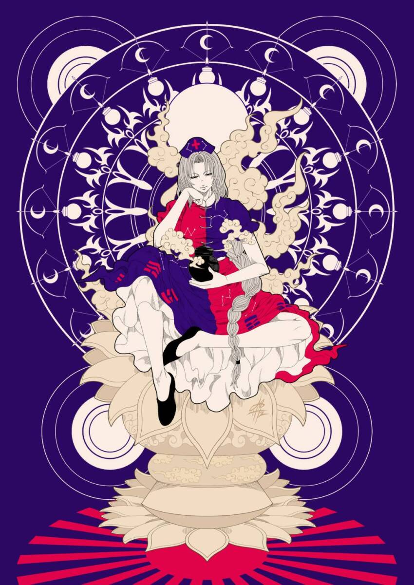1girl black_shoes blue_background braid commentary constellation constellation_print crescent_moon cross dress flower full_body grey_hair half_lotus_position hand_on_own_chin hat highres holding long_hair lotus_pedestal medicine_bottle moon multicolored_dress nurse_cap on_flower red_cross shoes signature solo sunburst touhou trigram xiangyun yagokoro_eirin yamada_satoshi