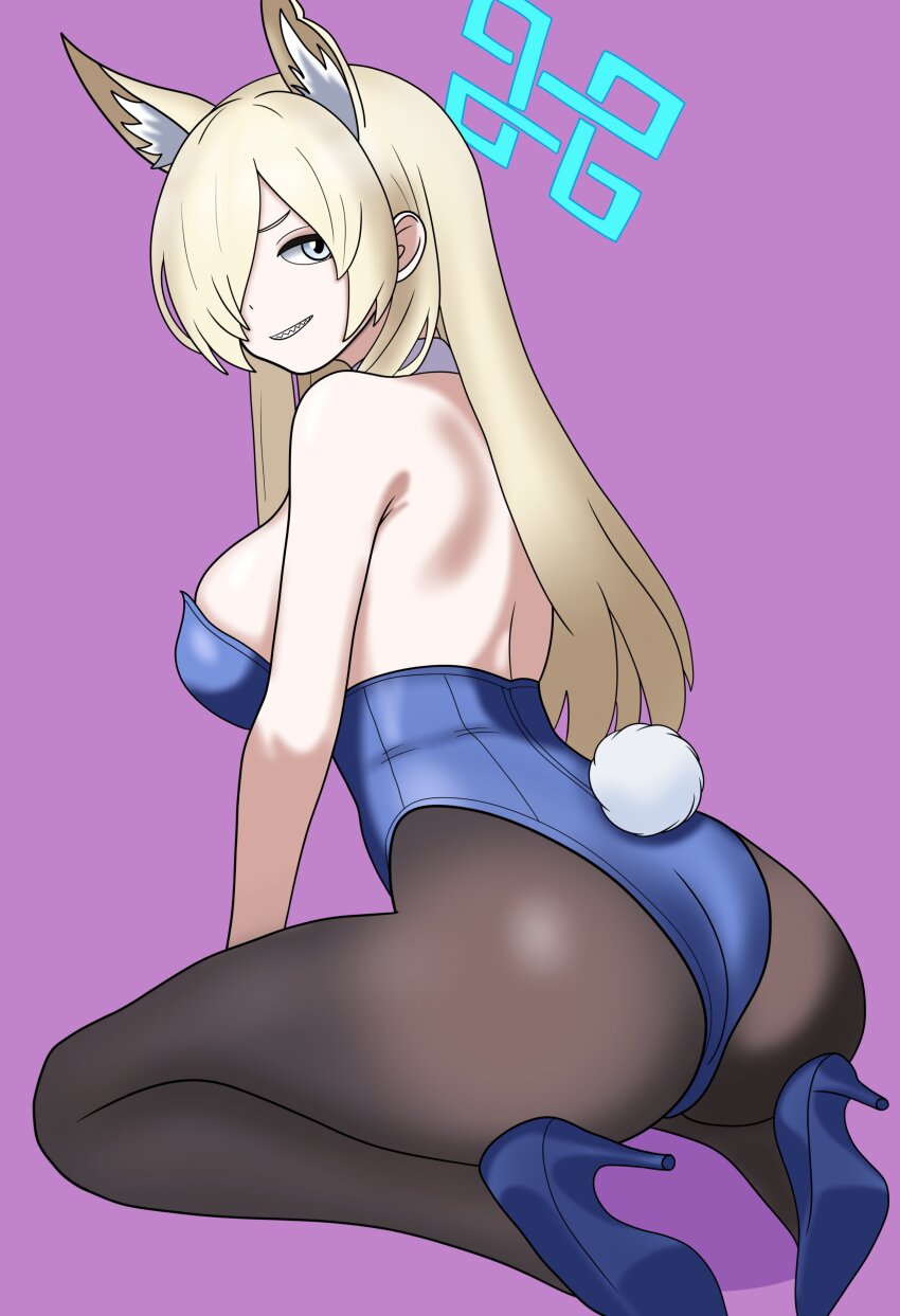 1girl absurdres animal_ear_fluff animal_ears ass black_pantyhose blonde_hair blue_archive blue_eyes blue_halo blue_leotard bojack198 breasts dog_ears dog_girl grin hair_over_one_eye halo high_heels highres kanna_(blue_archive) large_breasts leotard long_hair notched_ear pantyhose playboy_bunny purple_background rabbit_tail sideboob smile strapless strapless_leotard tail teeth
