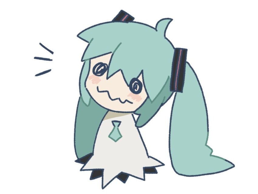 blue_hair blush commentary cosplay english_commentary full_body gen_7_pokemon hair_ornament hatsune_miku hatsune_miku_(cosplay) head_tilt koasku mimikyu necktie nintendo no_humans notice_lines pokemon pokemon_(creature) twintails wavy_mouth