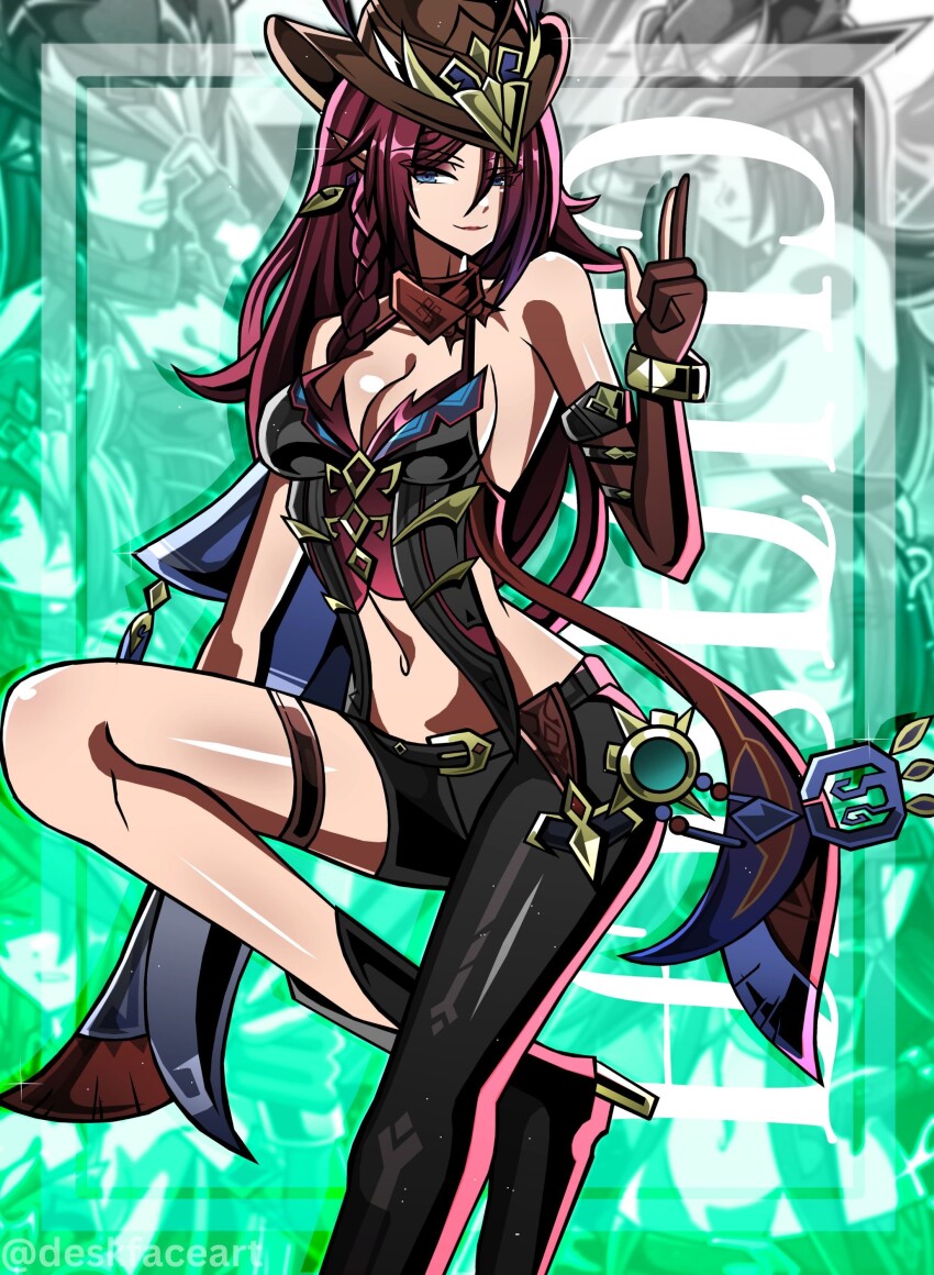 1girl absurdres asymmetrical_legwear blue_eyes chasca_(genshin_impact) deskfaceart genshin_impact gloves hat high_heels highres index_finger_raised jewelry latex latex_legwear navel pointy_ears red_hair