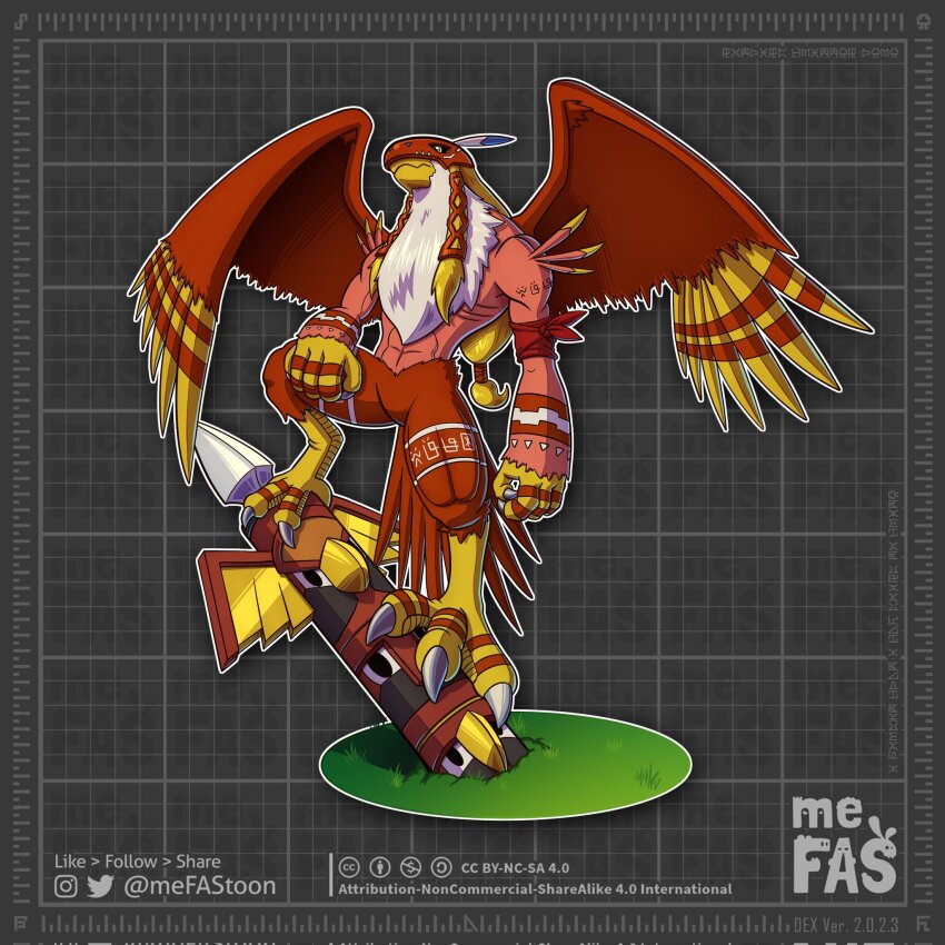 blonde_hair digimon digimon_(creature) garudamon garudamon_x-antibody highres lance polearm solo totem weapon wings