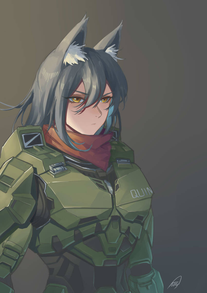 1girl absurdres animal_ear_fluff animal_ears armor black_background black_hair blue_hair brown_eyes colored_inner_hair cosplay cy9 frown hair_between_eyes halo:_combat_evolved halo_(series) highres long_hair master_chief master_chief_(cosplay) mr.quin multicolored_hair power_armor red_scarf scarf signature solo spartan_(halo) upper_body v-shaped_eyebrows