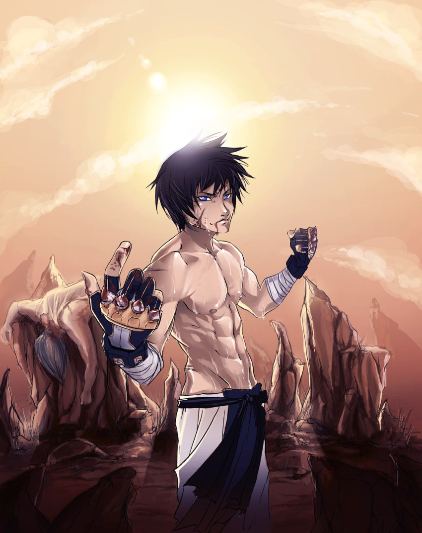 1boy abs battle black_hair blood blood_on_hands blue_eyes come_hither commission fighter fingerless_gloves gloves highres karate looking_afar male_focus martial_arts_(male) muscular nenshou_kajida outdoors scar short_hair siegeredwolf smile solo sweat topless_male