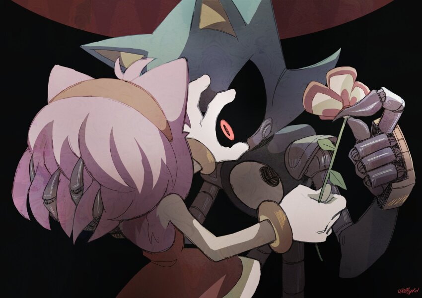 1boy 1girl amy_rose armor bare_shoulders black_background black_sclera blue_armor bracelet claws colored_sclera commentary dress english_commentary flower gloves hand_in_another&#039;s_hair hedgehog_girl highres holding holding_flower jewelry joints mechanical_arms metal_sonic pink_fur pink_hair pushing_away red_dress red_eyes red_flower robot robot_joints signature sleeveless sleeveless_dress sonic_(series) wellspkd white_gloves