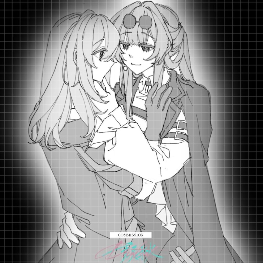 2girls autrisan closed_mouth coat coat_on_shoulders collared_shirt commentary commission earrings english_commentary eyewear_on_head gloves greyscale grid hand_on_another&#039;s_waist honkai:_star_rail honkai_(series) jewelry kafka_(honkai:_star_rail) long_hair long_sleeves looking_at_another monochrome multiple_girls shirt smile stelle_(honkai:_star_rail) sunglasses trailblazer_(honkai:_star_rail) yuri