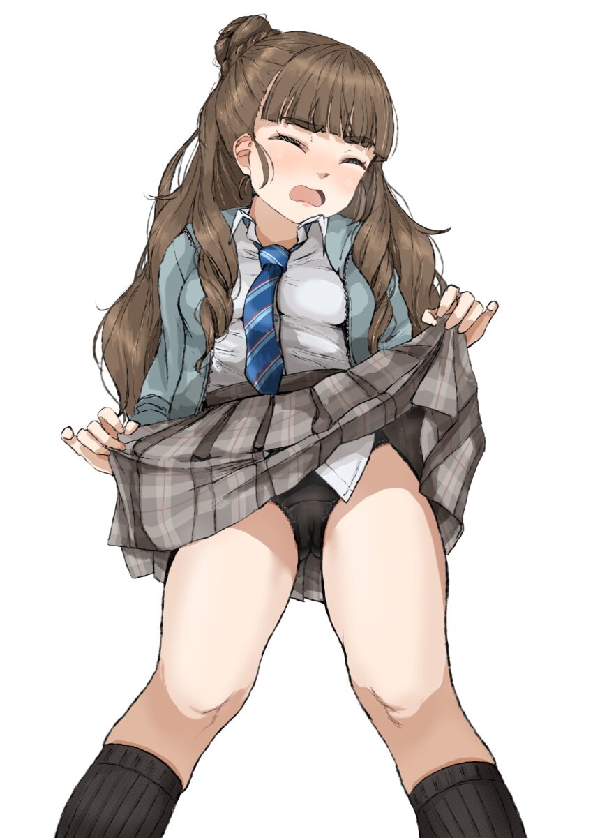 1girl black_panties black_socks blunt_bangs blush brown_hair closing_eyes clothes_lift curly_hair gatsby_ssl grey_skirt hair_bun highres idolmaster idolmaster_cinderella_girls kamiya_nao kneehighs long_hair necktie non-web_source panties plaid_clothes plaid_skirt school_uniform shirt shouting shy skirt skirt_lift socks solo thighs underwear wavy_hair white_background white_shirt