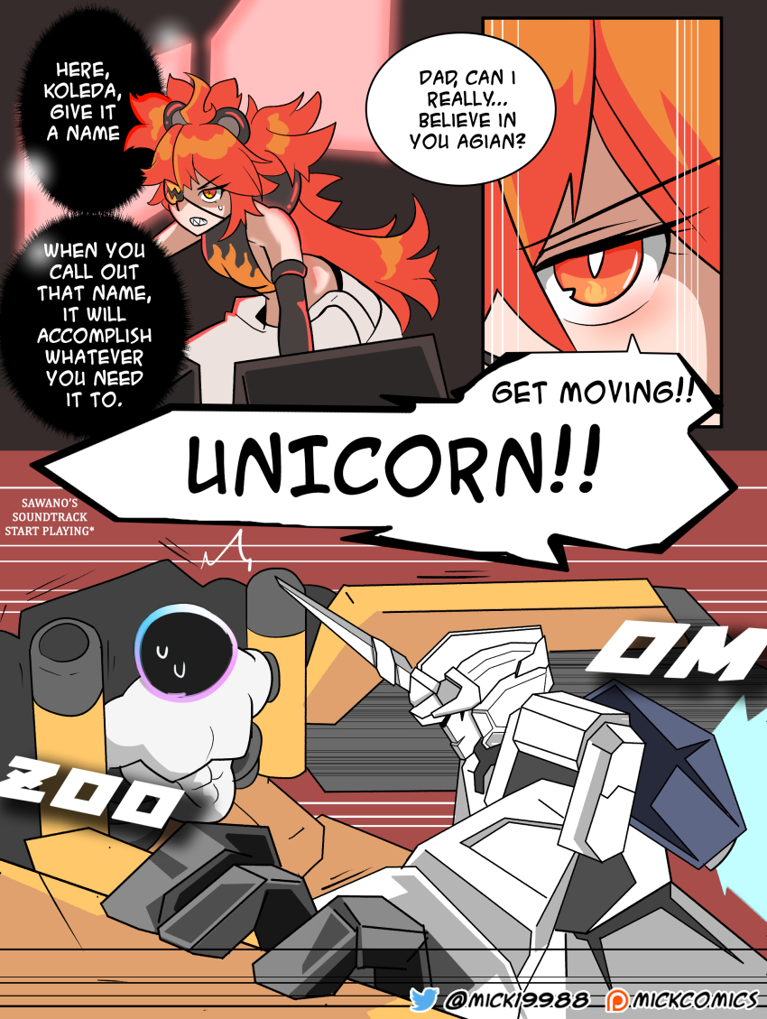 1girl 1other absurdres artist_name crossover english_text ethereal_(zenless_zone_zero) gundam gundam_unicorn highres koleda_belobog long_hair mecha messy_hair mick19988 mobile_suit orange_eyes orange_hair robot speech_bubble surprised sweatdrop thought_bubble typo unicorn_gundam zenless_zone_zero