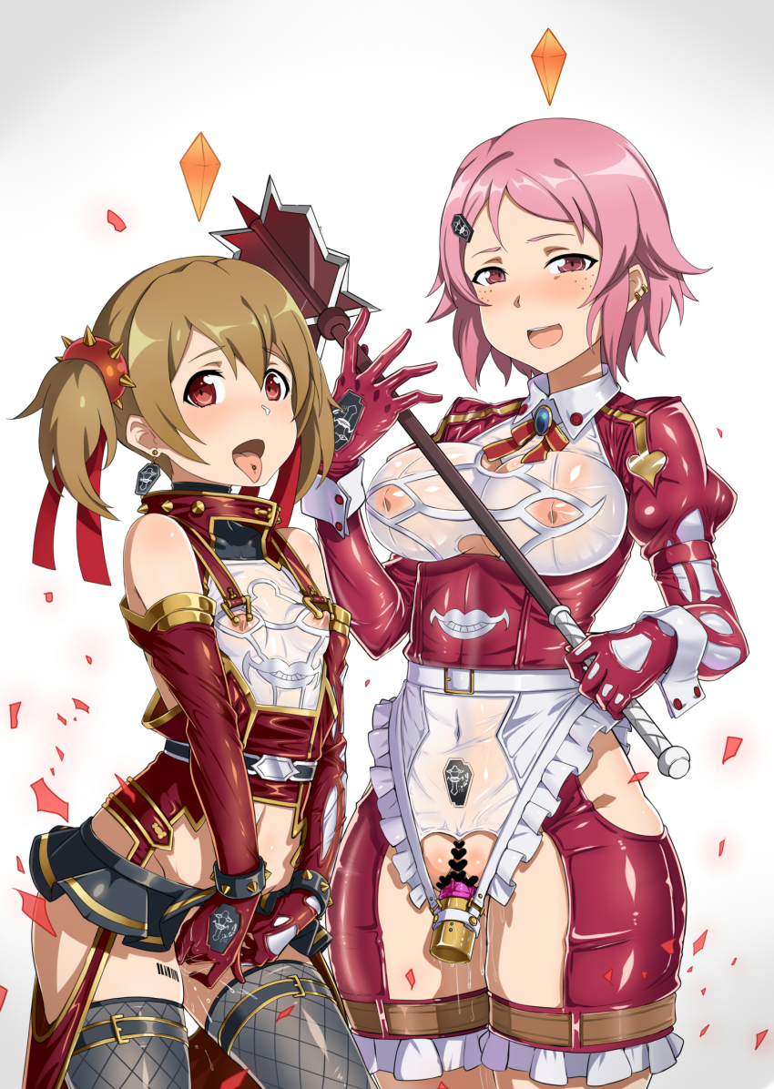 2girls :p blush breasts brown_hair censored covered_navel crotchless dildo ear_piercing earrings embarrassed female_focus freckles frills gozaru groin hair_between_eyes heart heart_censor height_difference highres holding holding_staff jewelry large_breasts legs lisbeth_(sao) looking_at_viewer masturbation miniskirt multiple_girls navel nipple_piercing nipples no_panties object_insertion open_mouth piercing piercing_through_clothes pink_hair pussy pussy_juice pussy_juice_trail red_eyes revealing_clothes see-through_clothes sex_toy short_hair silica simple_background skirt small_breasts staff standing sword_art_online sword_art_online:_code_register thighhighs thighs tongue tongue_out tongue_piercing twintails vaginal vaginal_object_insertion wet white_background