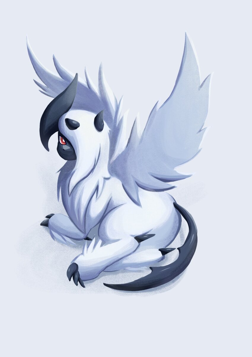 absol animal_focus bright_pupils claws forehead_jewel gen_3_pokemon hair_over_one_eye hashtag-only_commentary highres horns looking_at_viewer looking_back mega_absol mega_pokemon nintendo no_humans pokemon pokemon_(creature) red_eyes simple_background soruva_359 tail white_background white_fur white_pupils wings