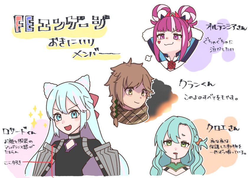 2boys 2girls blue_eyes blue_hair chloe_(fire_emblem) clanne_(fire_emblem) drooling facial_mark fire_emblem fire_emblem_engage green_eyes heart heart_facial_mark highres hortensia_(fire_emblem) multicolored_hair multiple_boys multiple_girls nintendo open_mouth pink_eyes pink_hair rosado_(fire_emblem) shinna_(user_zfuz4288) smug translation_request two-tone_hair ya_osakana