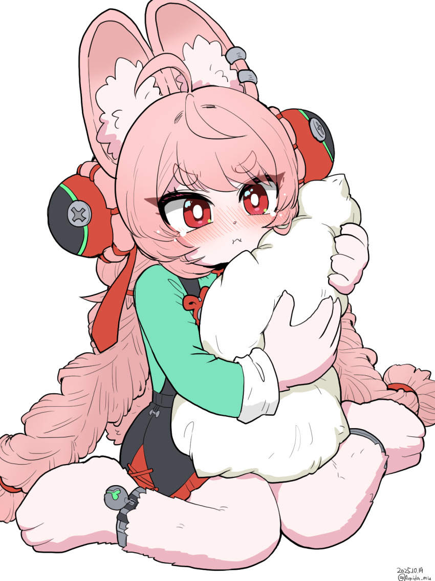 1girl amida_murasaki animal_ear_fluff animal_ears black_skirt blue_shirt braid closed_mouth commentary_request furry furry_female highres hugging_object long_hair looking_at_viewer pillow pillow_hug pink_hair rabbit_ears rabbit_girl red_eyes shirt skirt solo twin_braids very_long_hair zenless_zone_zero zhao_(zenless_zone_zero)