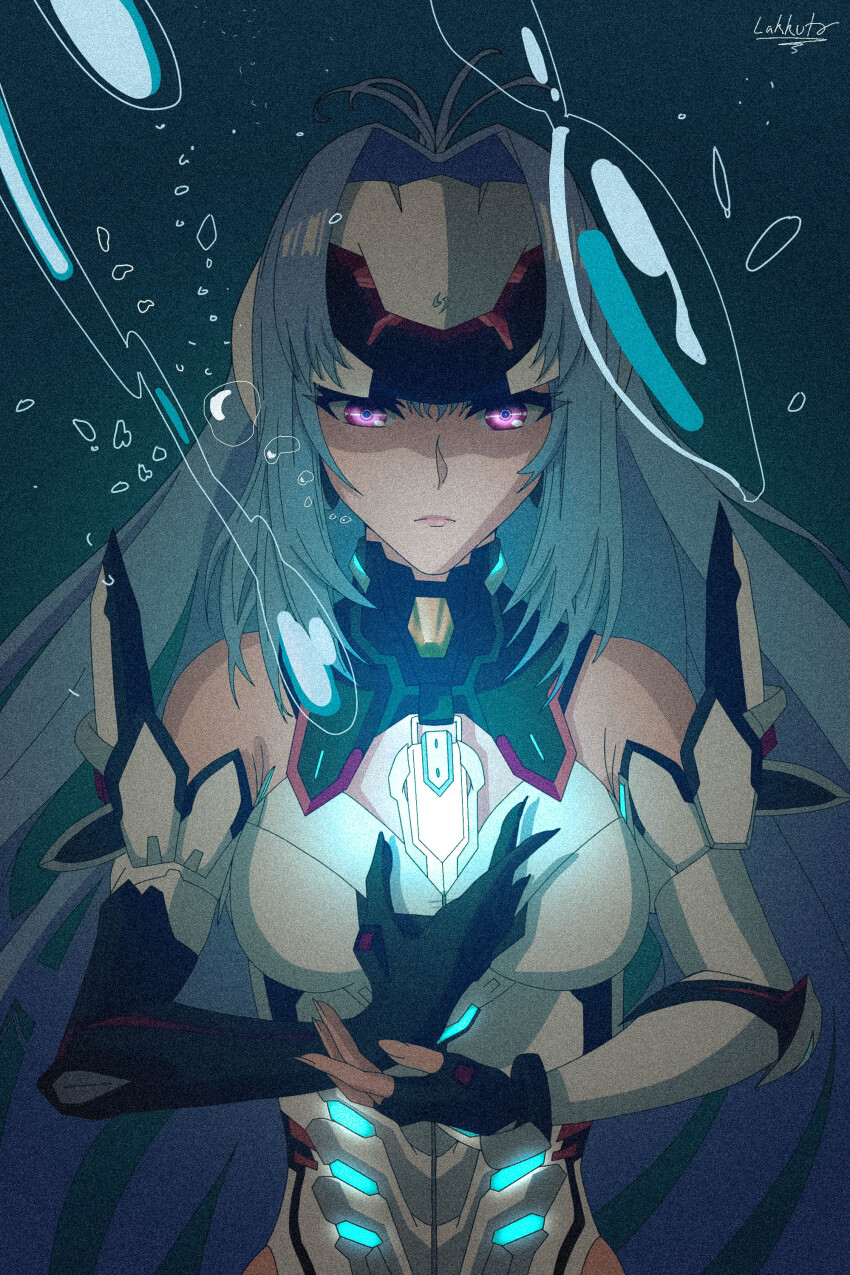 1girl absurdres android armpit_crease blue_hair breasts closed_mouth commentary forehead_protector highres kos-mos kos-mos_re: lakkuto large_breasts long_hair pink_eyes pink_lips solo underwater xenoblade_chronicles_(series) xenoblade_chronicles_2