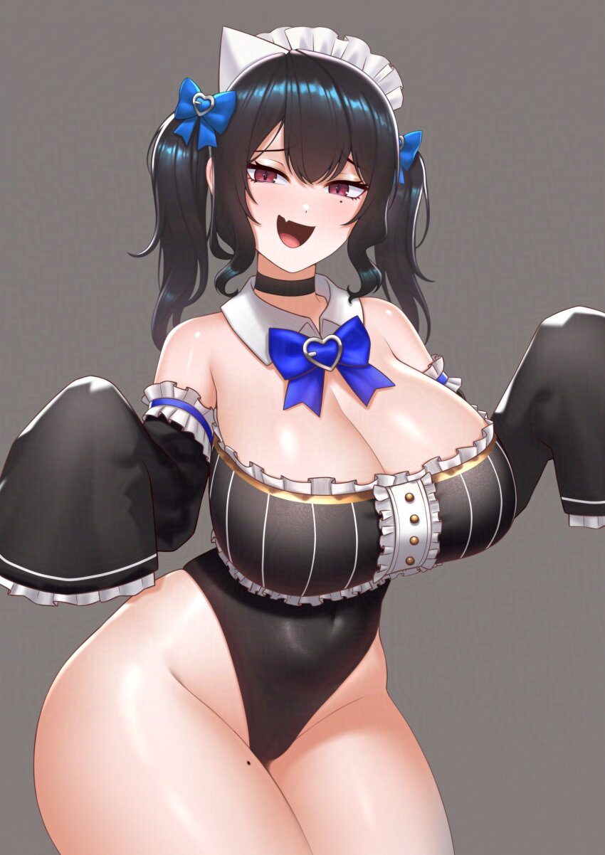 1girl ;) alternate_costume alternate_form apron bare_shoulders black_hair black_sleeves blue_hair blush breasts cipher4109 closed_mouth colored_inner_hair cowboy_shot detached_sleeves dress frills ghost_girl ghost_tail highres hololive hololive_english indie_virtual_youtuber large_breasts long_hair long_sleeves looking_at_viewer maid maid_apron maid_headdress mint_fantome mole mole_under_eye multicolored_hair nerissa_ravencroft one_eye_closed red_eyes smile solo tongue tongue_out two-tone_hair very_long_hair virtual_youtuber white_apron