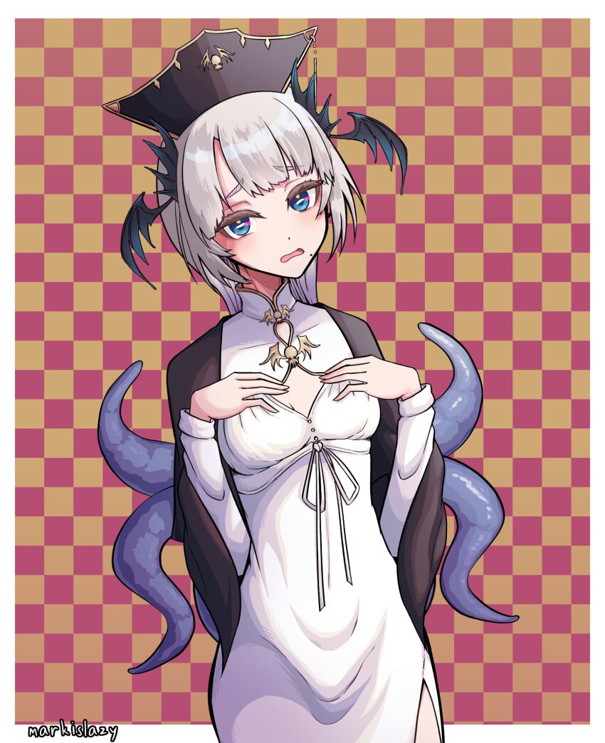 1girl alternate_breast_size artist_name black_cape black_hat blue_eyes bright_pupils cape checkered_background cleavage_cutout clothing_cutout covered_collarbone dress grey_hair hat head_wings highres horizontal_pupils indie_virtual_youtuber long_hair markislazy mole mole_under_eye open_mouth pochimaru_(vtuber) pochimaru_(vtuber)_(4th_costume) side_slit solo tentacle_hair virtual_youtuber white_dress white_pupils wings