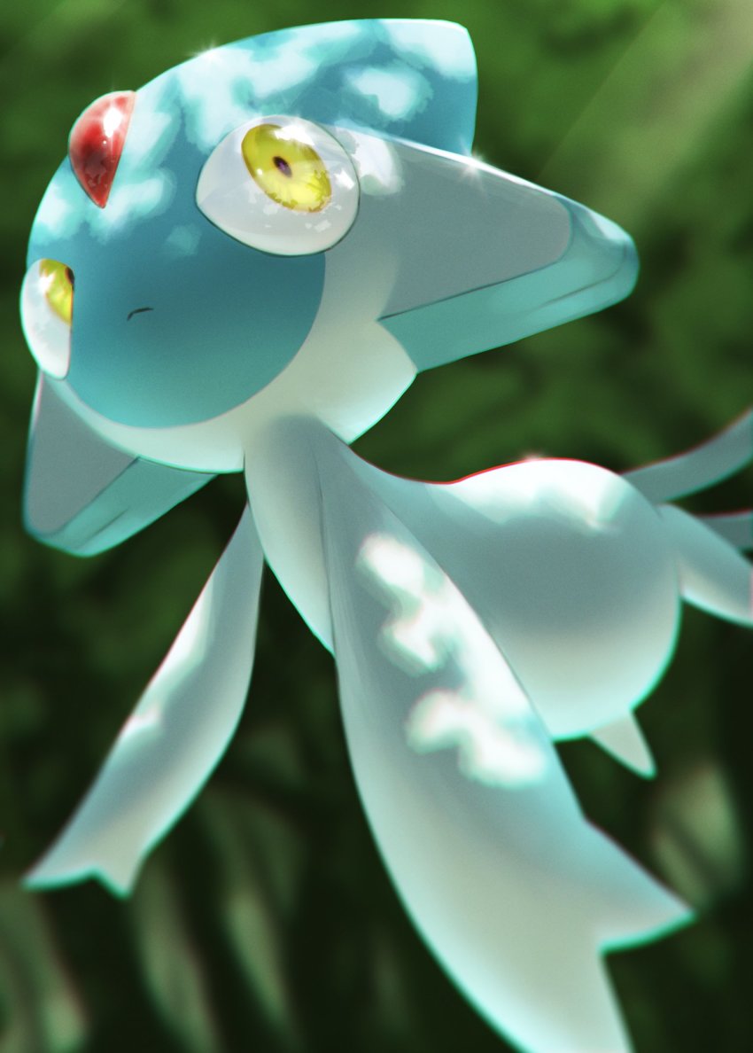 azelf blurry closed_mouth commentary day floating gen_4_pokemon highres legendary_pokemon light_rays looking_back nintendo no_humans outdoors pokemon pokemon_(creature) rend solo tree yellow_eyes
