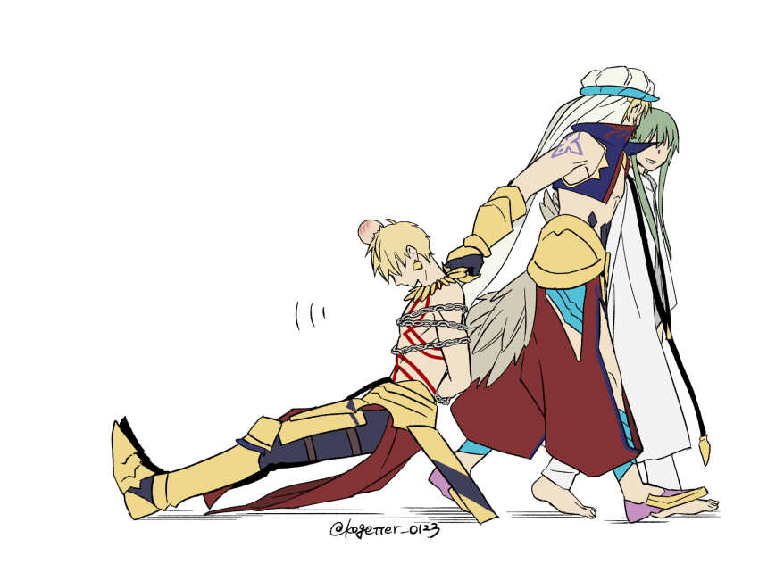 1other 2boys armor barefoot blue_vest bound chain commentary_request dragging dual_persona enkidu_(fate) fate/grand_order fate_(series) gilgamesh gilgamesh_(caster)_(fate) gilgamesh_(fate) greaves hat head_bump highres moonlight_0423 multiple_boys pants red_pants robe shoulder_tattoo side_slit tattoo tied_up_(nonsexual) topless_male twitter_username vest white_hat white_robe