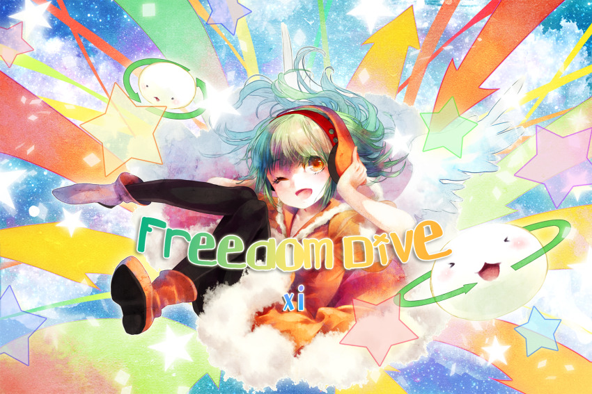 1girl :3 :d abstract_background angel_wings arrow_(symbol) boots collared_dress cytus dress fangs floating fur-trimmed_collar fur-trimmed_dress fur_trim green_hair hands_on_headphones headphones highres kurante looking_at_viewer medium_hair official_art one_eye_closed open_mouth orange_boots orange_eyes smile solo song_name star_(symbol) wavy_hair white_trim white_wings wings yukino_neko