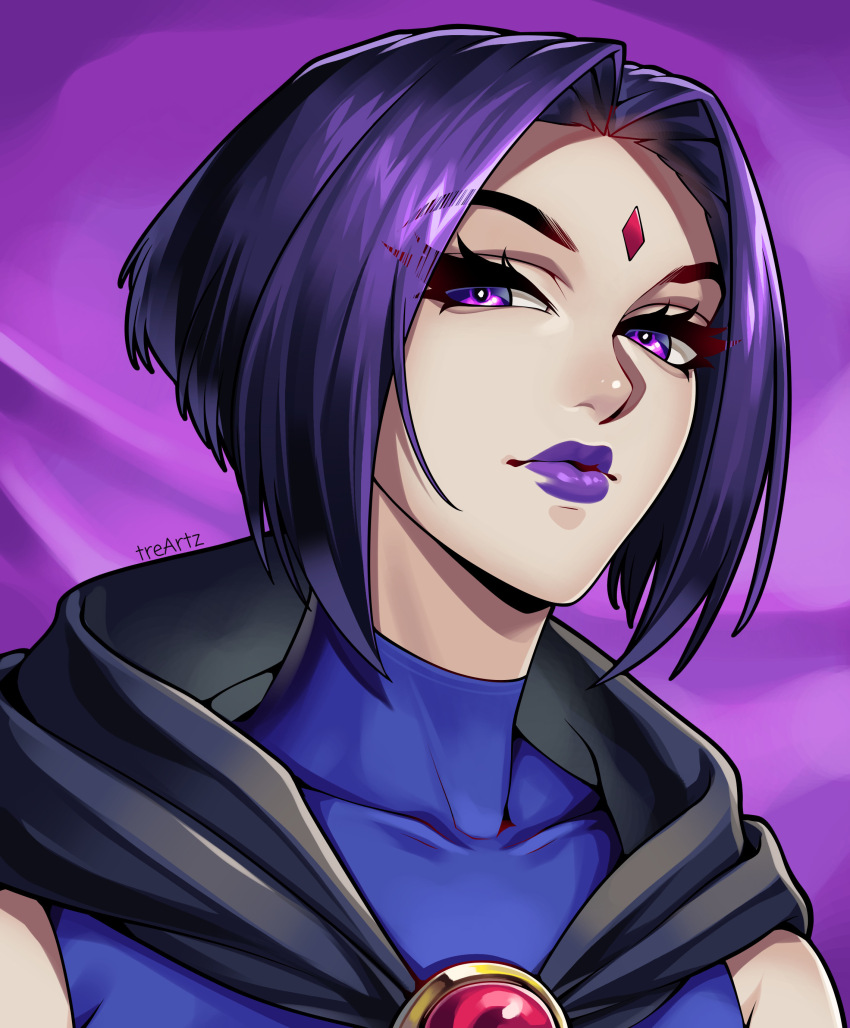1girl absurdres black_cape blue_leotard brooch cape dc_comics forehead_jewel highres jewelry leotard looking_at_viewer portrait purple_eyes purple_hair purple_lips raven_(dc) short_hair signature solo teen_titans tre_artz