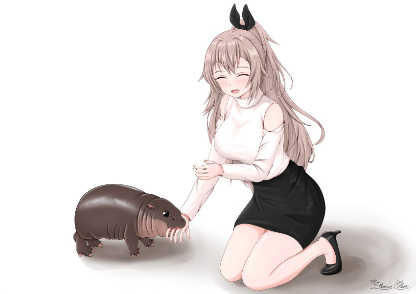 1girl ^_^ absurdres black_eyes black_footwear black_ribbon black_skirt blush breasts brown_hair closed_eyes clothing_cutout commentary english_commentary eydis_(sao) hair_ribbon high_heels highres hippopotamus long_hair medium_breasts moo_deng phanuchan ponytail real_life ribbon shadow shirt shoulder_cutout signature skirt smile sword_art_online sword_art_online:_alicization sword_art_online:_unleashed_blading very_long_hair white_background white_shirt